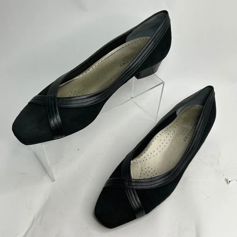 Mark Lemp Classics Walking Cradles Black Suede Leather Square‎ Toe Pumps 10M